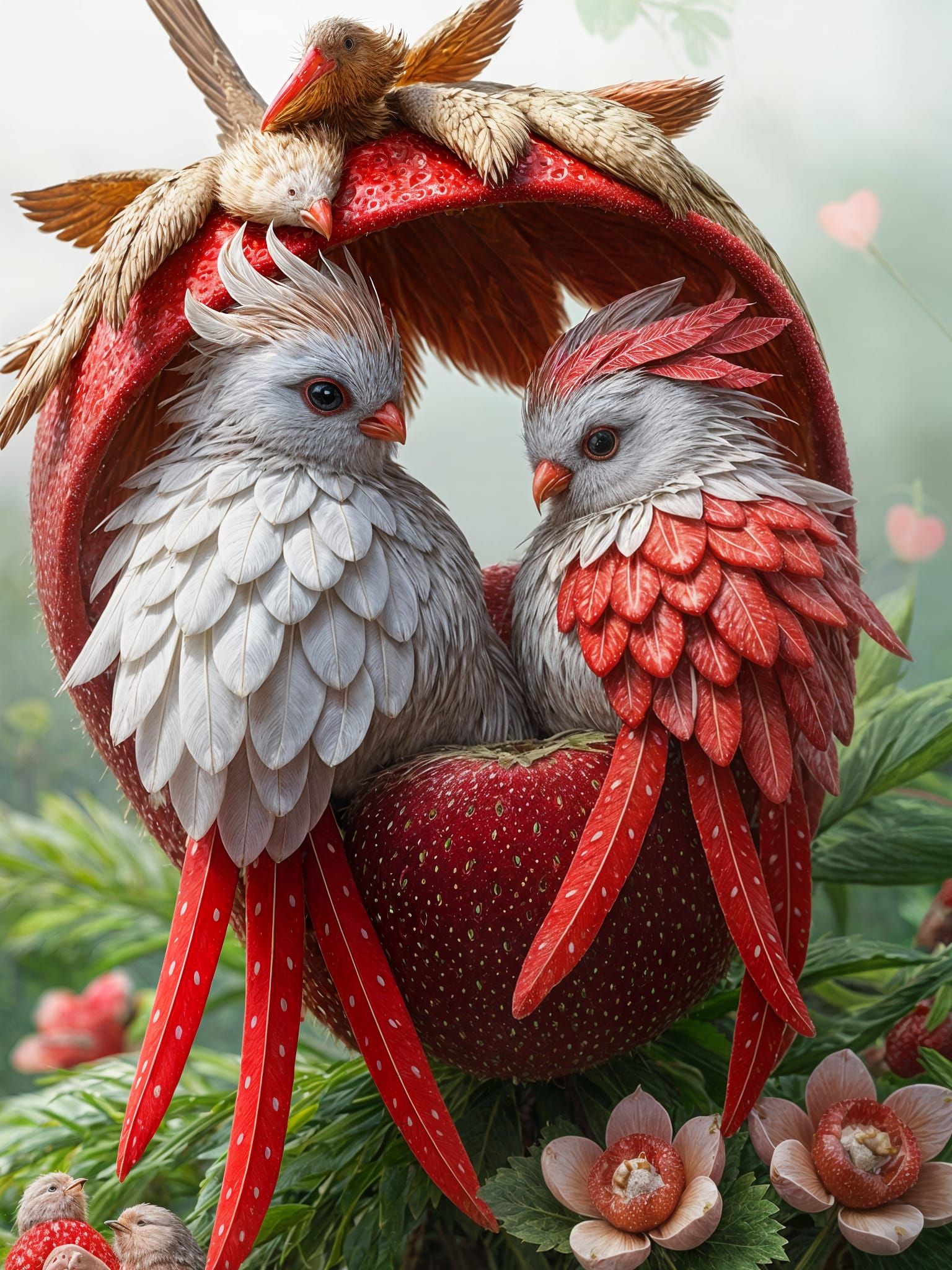 Fantasy Birds Nesting in Strawberry
