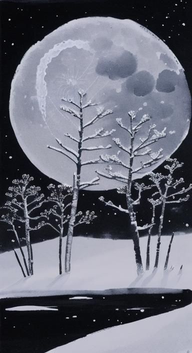 Chinese Ink Painting of a Snowy Moonlit Landscape