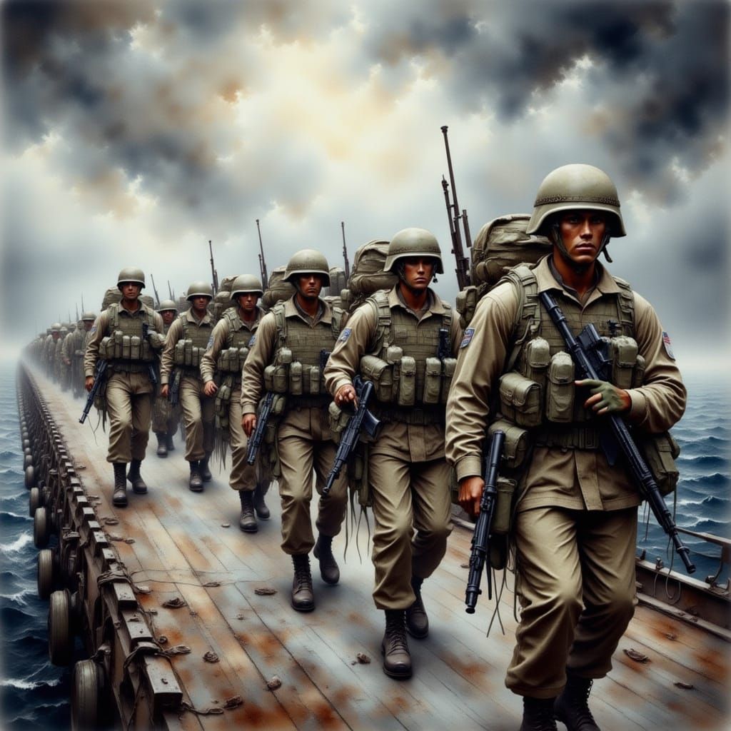 Soldiers marching off the ship <lora:Antique Watercolor 2:1.0>