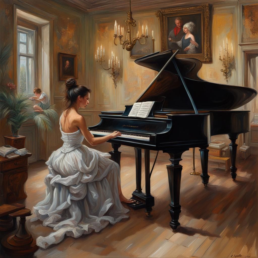 Beethoven Plays Piano for Girl: Baroque Oil Painting