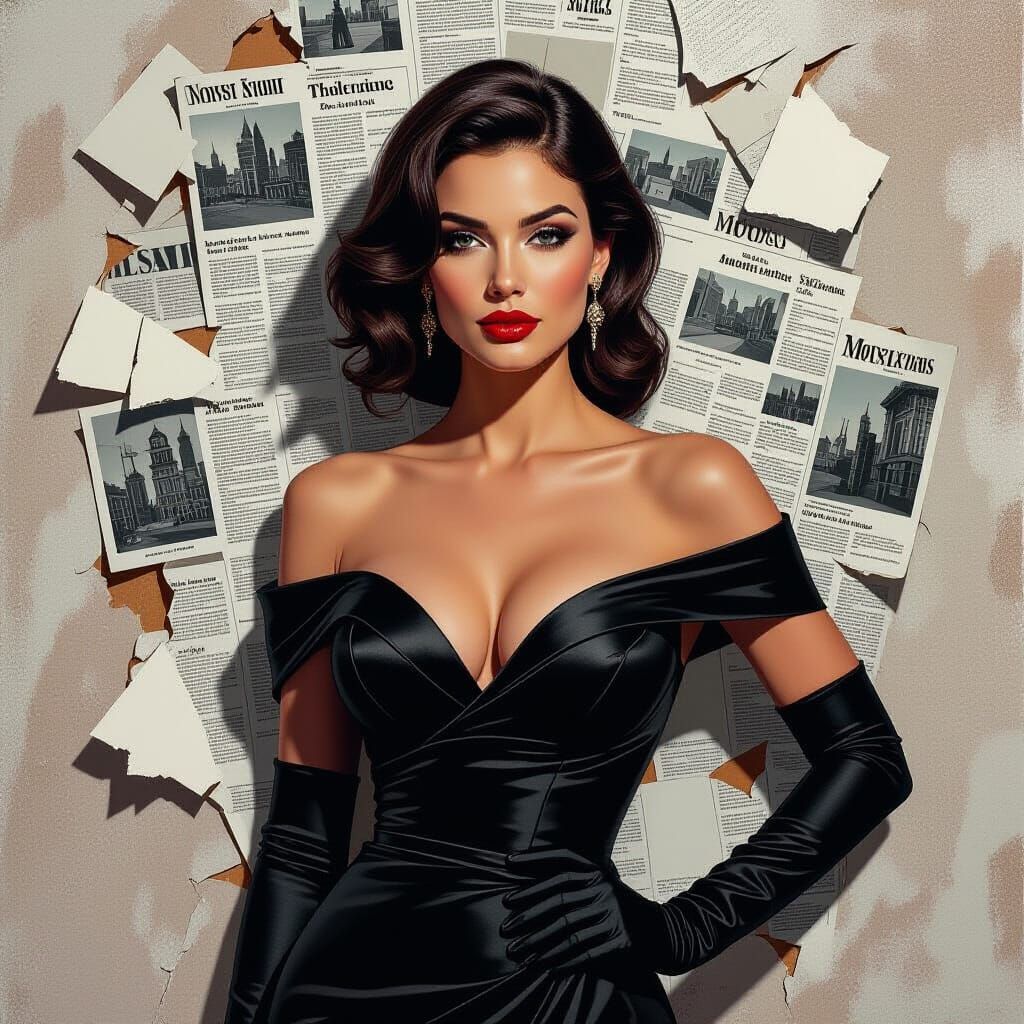 Noir Portrait of Woman with Newspaper Fragments