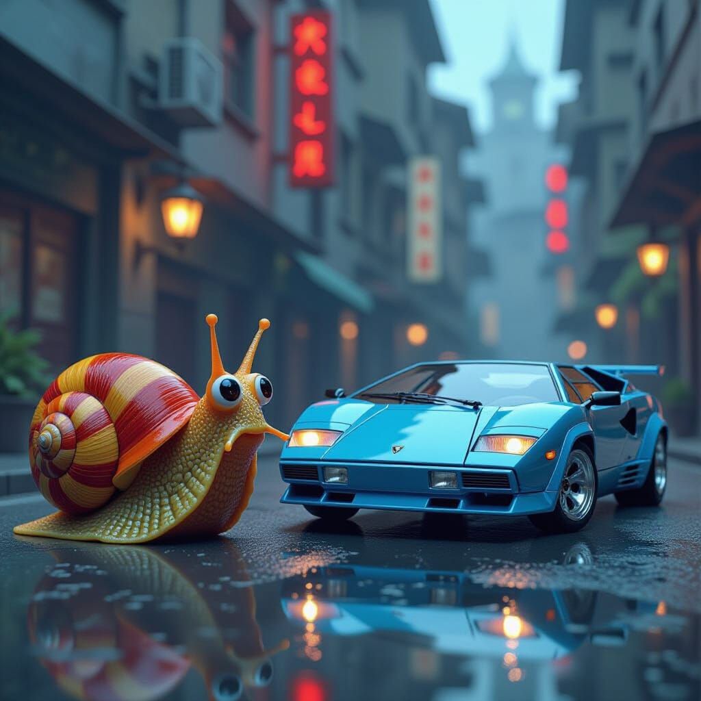 A curious male snail looking at a blue Lamborghini Countach