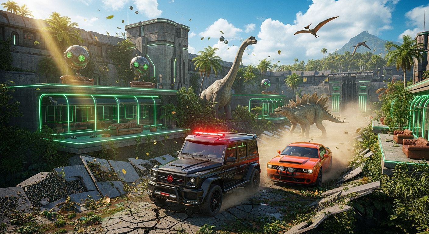 Futuristic Brutalist City on Cliff With Dinosaurs and Cars