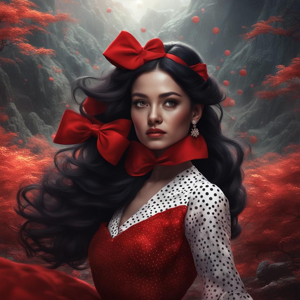 beautiful woman, red dress with white dots, layered black hair, red bow in her hair