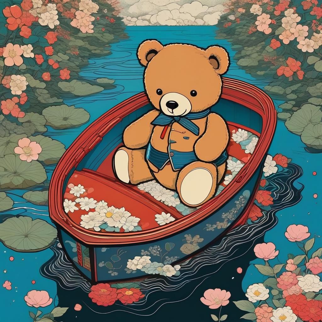 Teddy Bear on River in Ukiyo-e Style