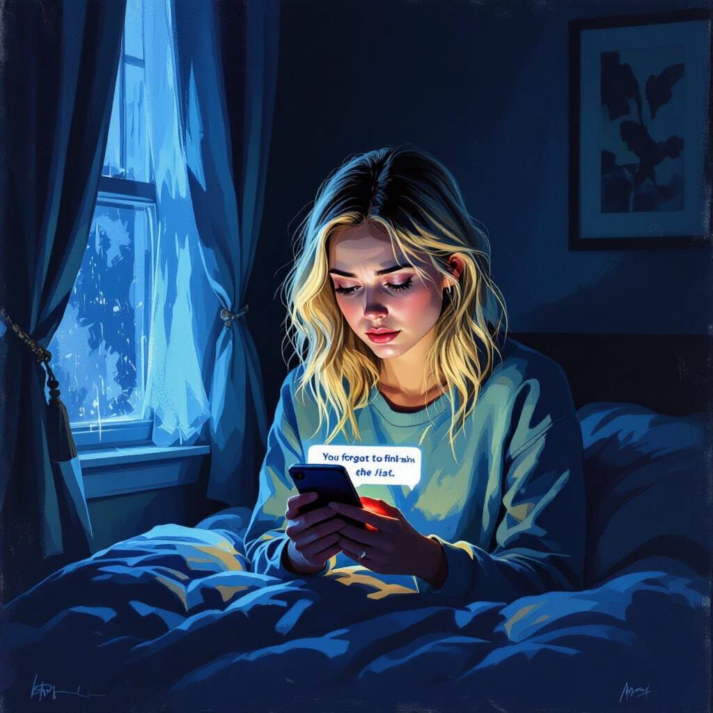 Worried Woman in Dark Room Lit by Phone Screen Glow