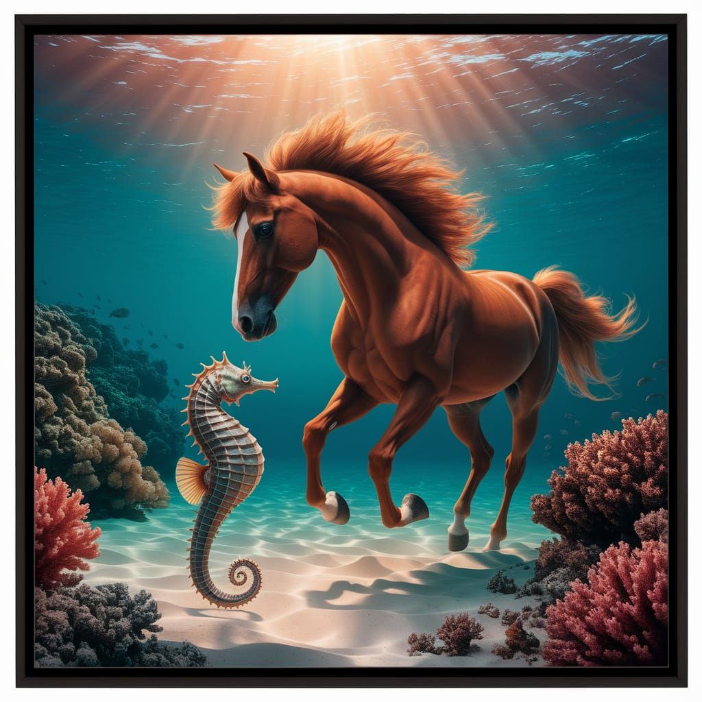 Underwater Horse and Seahorse Encounter in Ocean