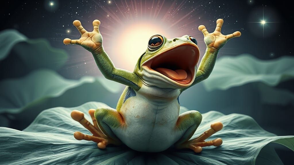 Surprised Frog on Lotus Leaf in Astral Illustration