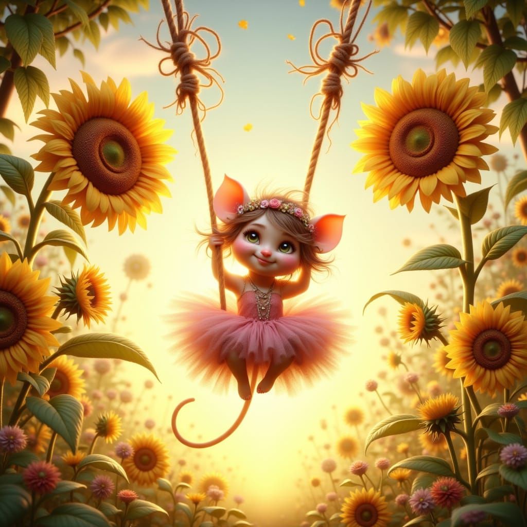 Mouse in Tutu Swings on Rope Between Sunflowers