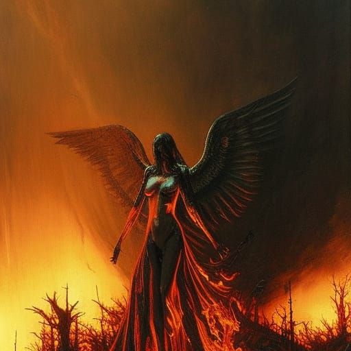 Gothic Fallen Angel in Black Flames