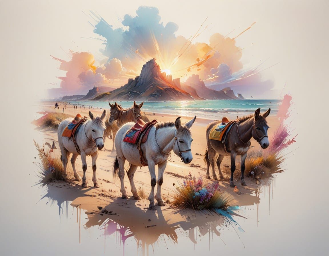 Nostalgic Seaside Donkey Rides in Soft Painterly Style
