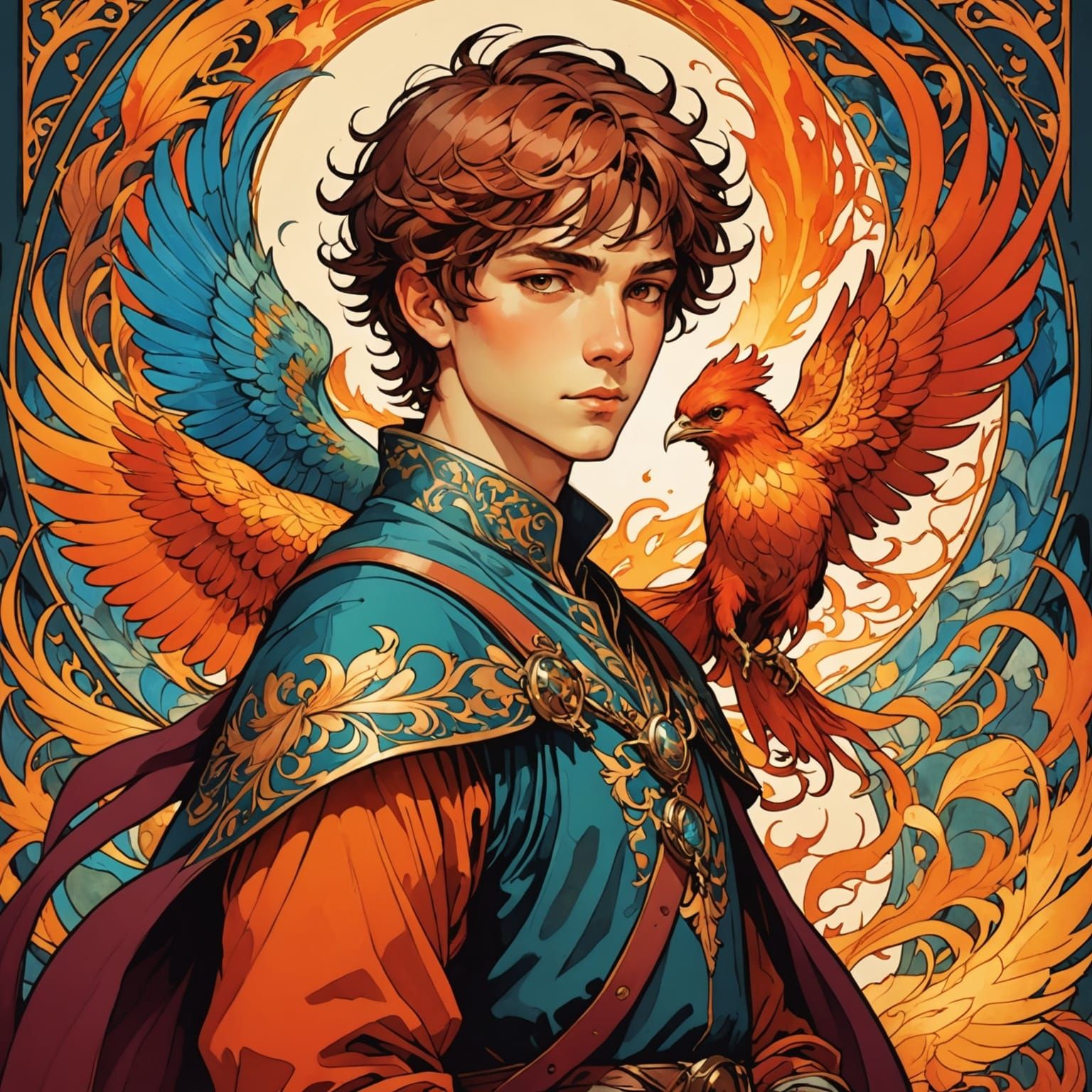 Surreal Medieval Boy Encounters a Phoenix in Vibrant Colors
