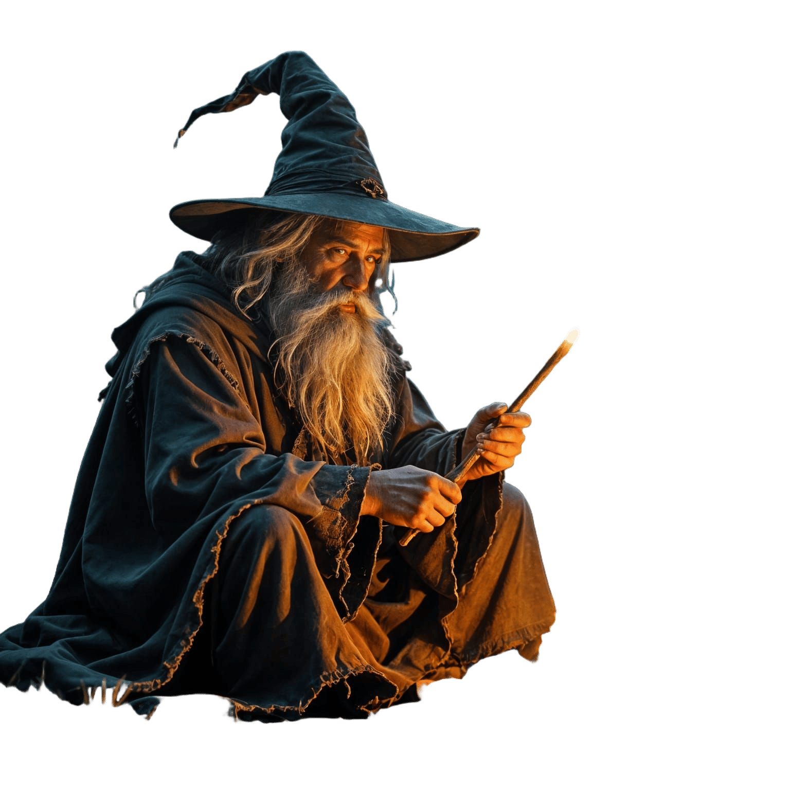 Wizard Contemplating by Campfire with Glowing Wand