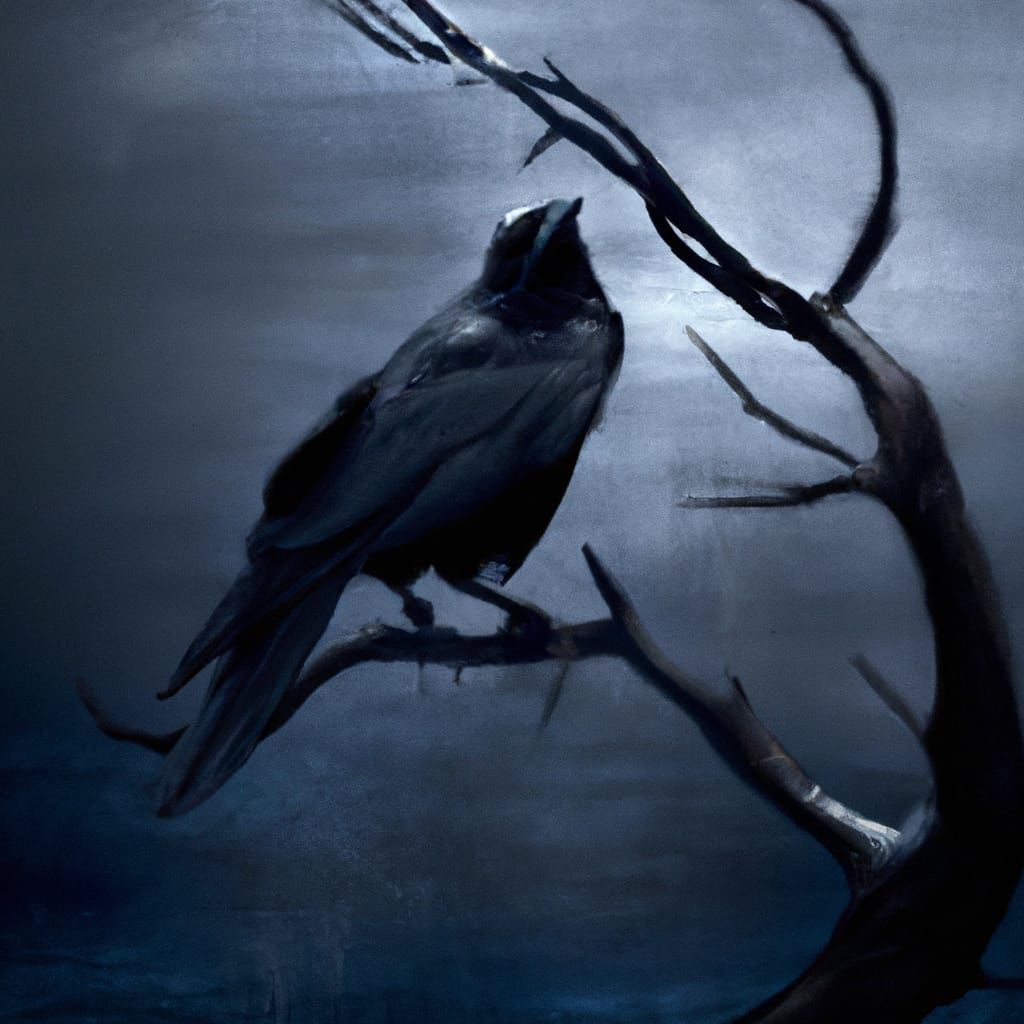 Black Crow on Dead Branch: Hyperrealistic Concept Art
