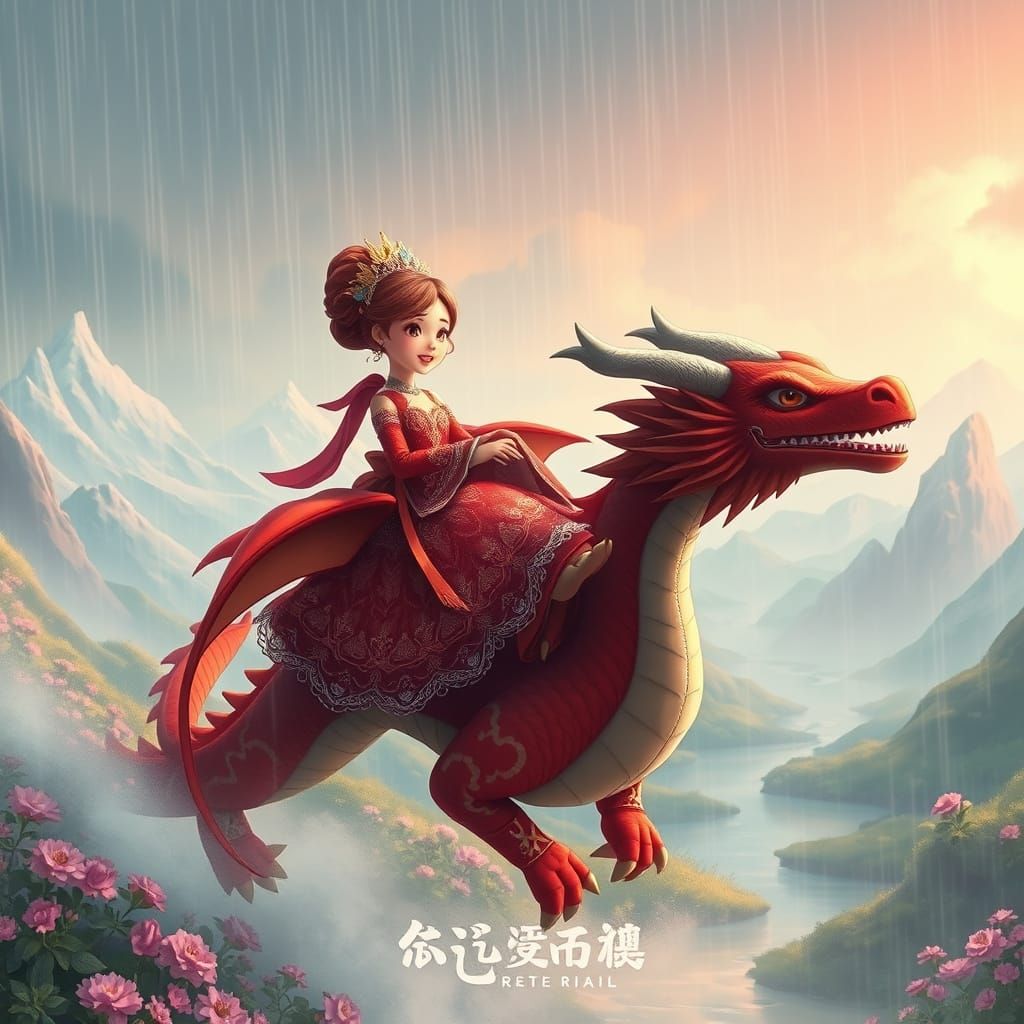 Woman Rides Dragon in Pastel Anime Landscape