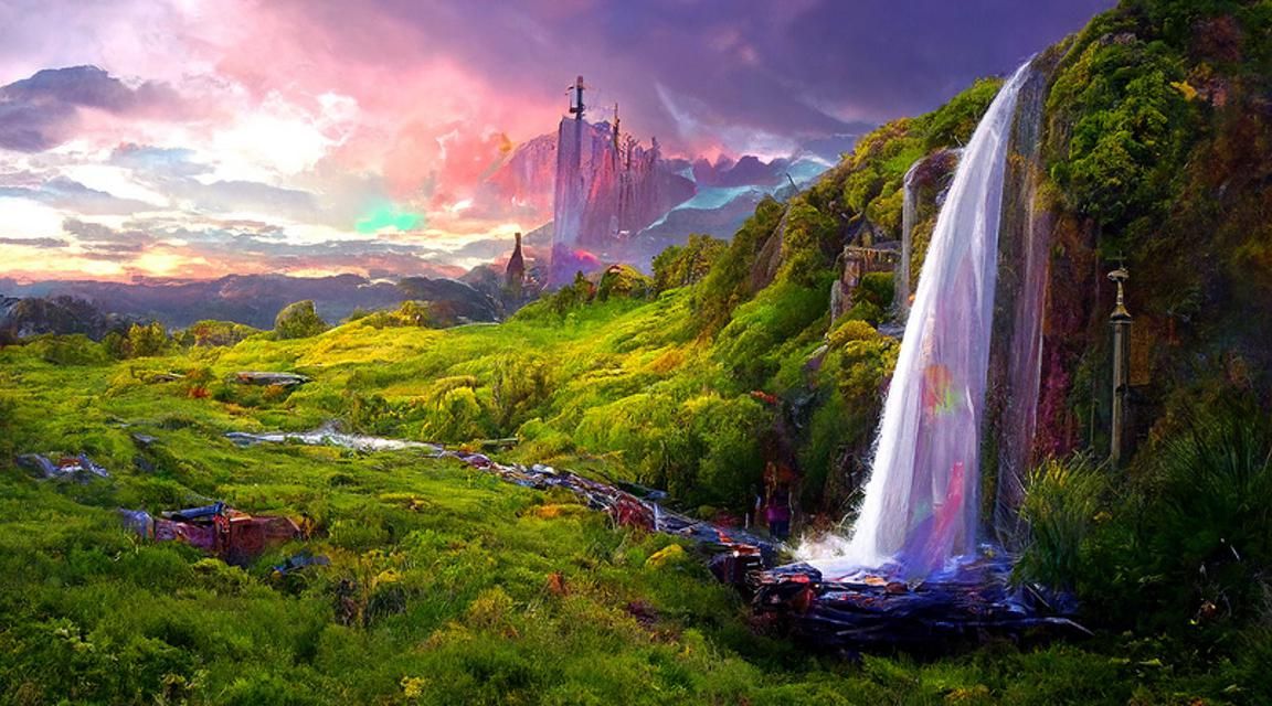 Spectacular Waterfall Sunset in Romantic Style