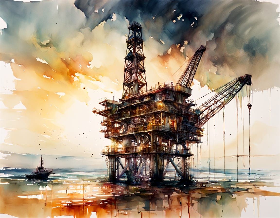 18th Century Oil Rig in Expressive Watercolour Style