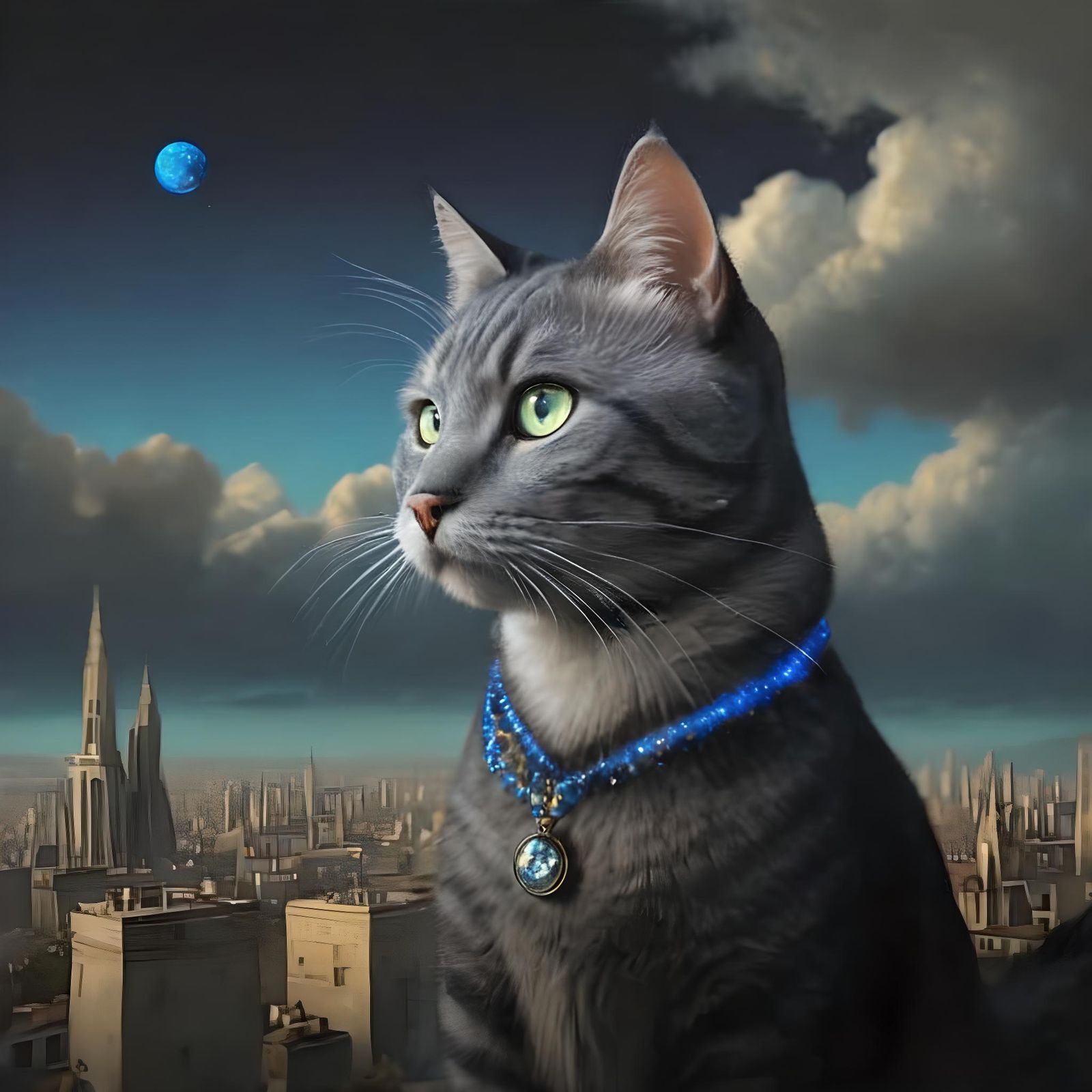 Gray Cat in Glowing Collar, Surreal Landscape