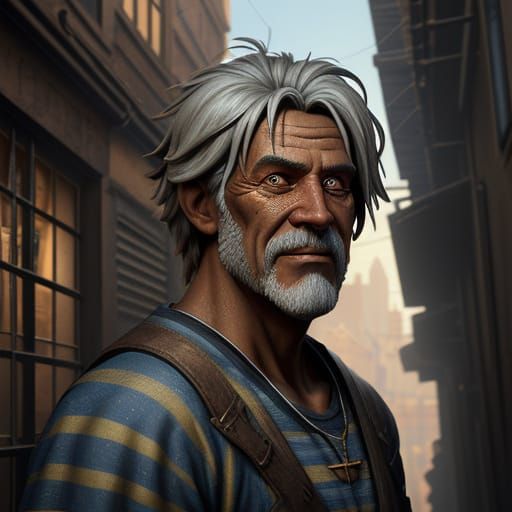 Beggar's Joyful Smile in a Vibrant Alleyway