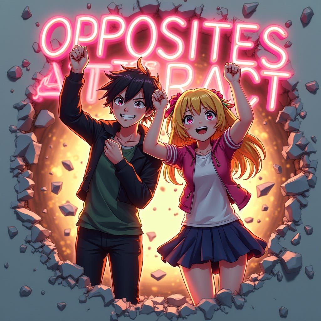 Dynamic Anime Duo Bursting Through a Wall