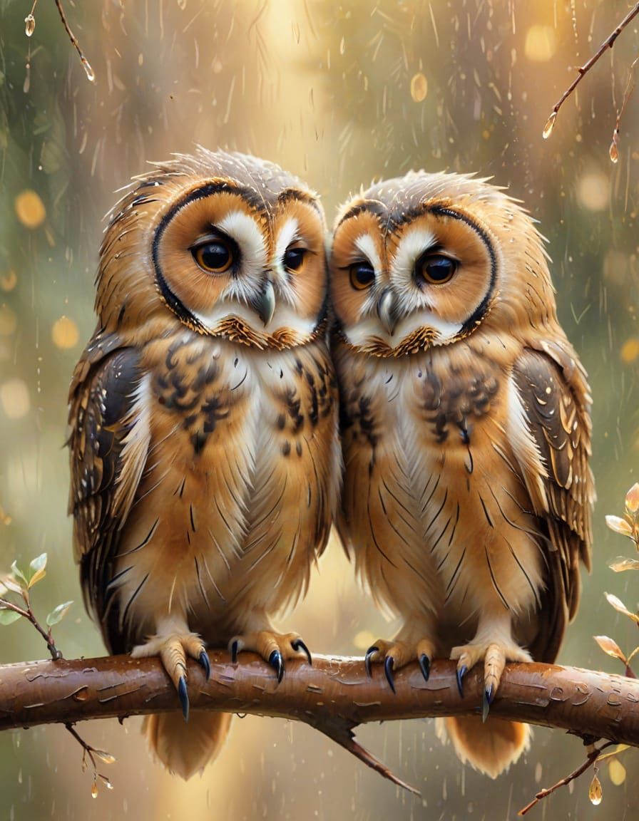Whimsical Owls Sheltering in Spring Rain Digital Painting