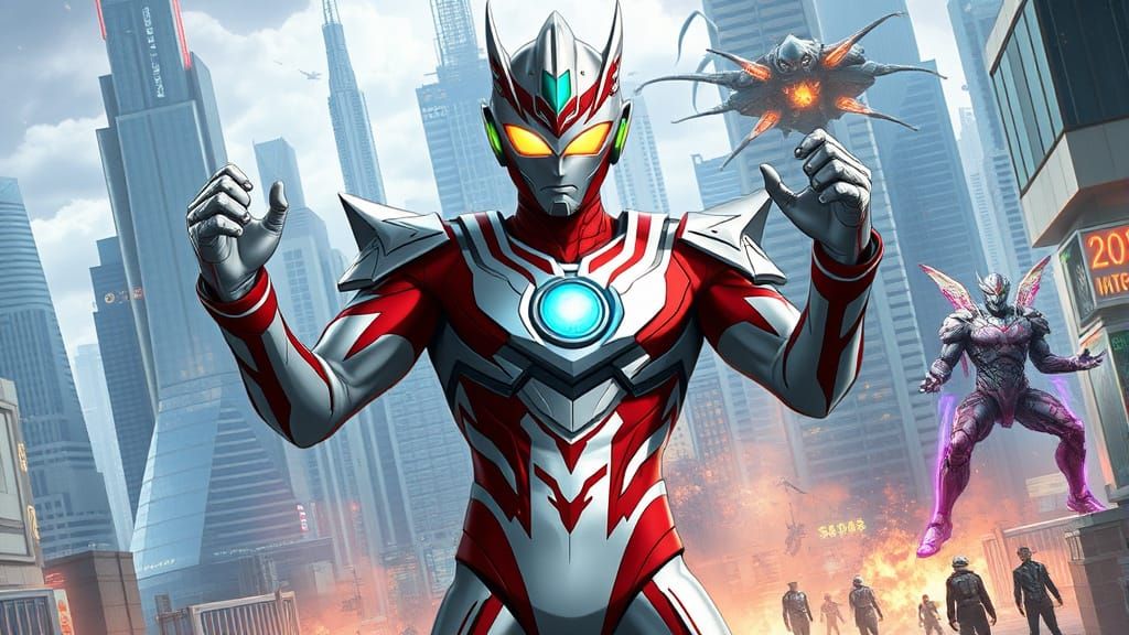 Ultraman Hero Emerges in Futuristic Metropolis