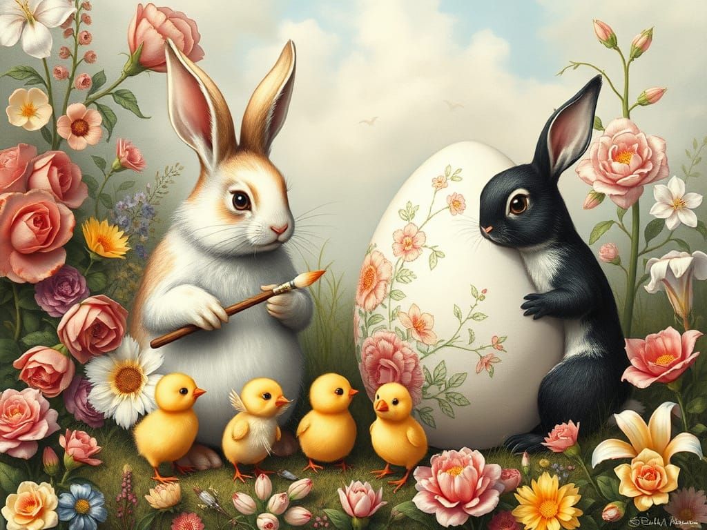 Bunnies and Chicks Painting Easter Eggs in Fairy Garden