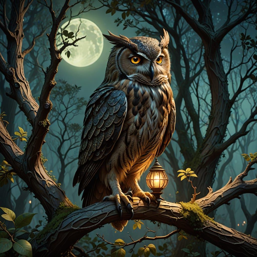 Mystical Owlfolk Druid Perched in Twilight Forest