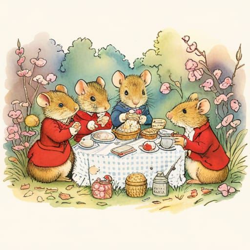 Mice Picnic in Forest Clearing, Children's Book Illustration