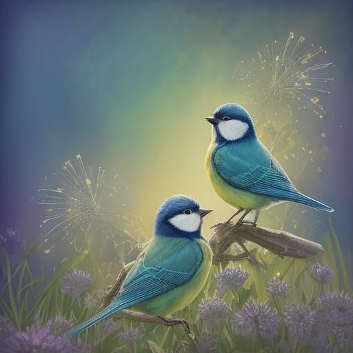 Whimsical Blue Tit Birds in Watercolor Meadow