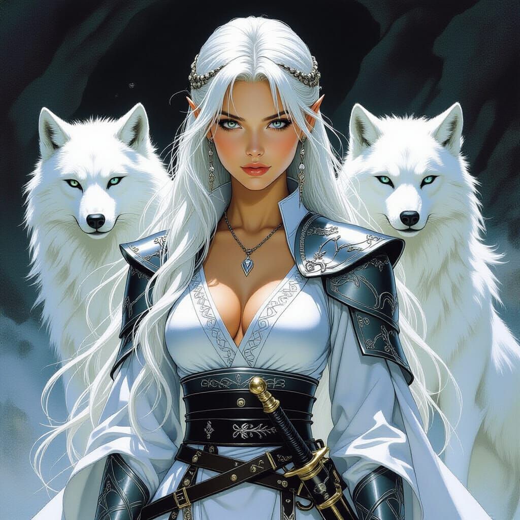 Silver-Haired Woman with Wolves in Fantasy Art Style