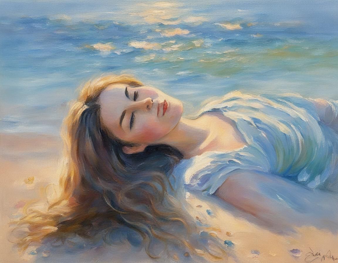 Romantic Seascape Painting of Girl by Ocean in Impressionist...