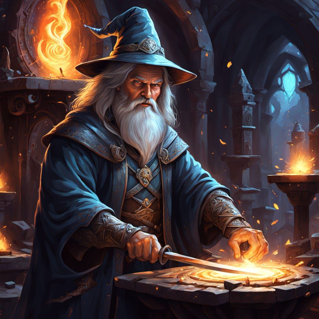 Wizard Forging Magic Sword in Arcane Forge