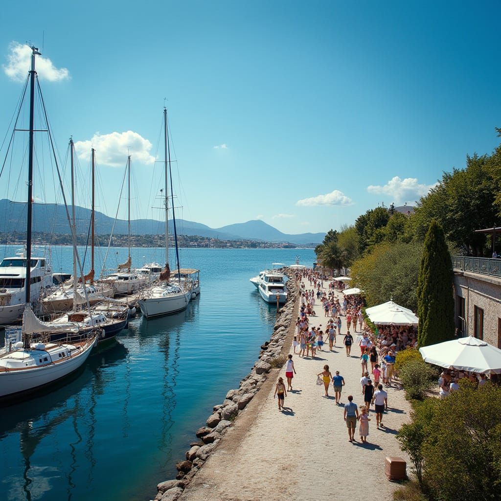 Vibrant Marina Scene Under a Brilliant Blue Summer Sky