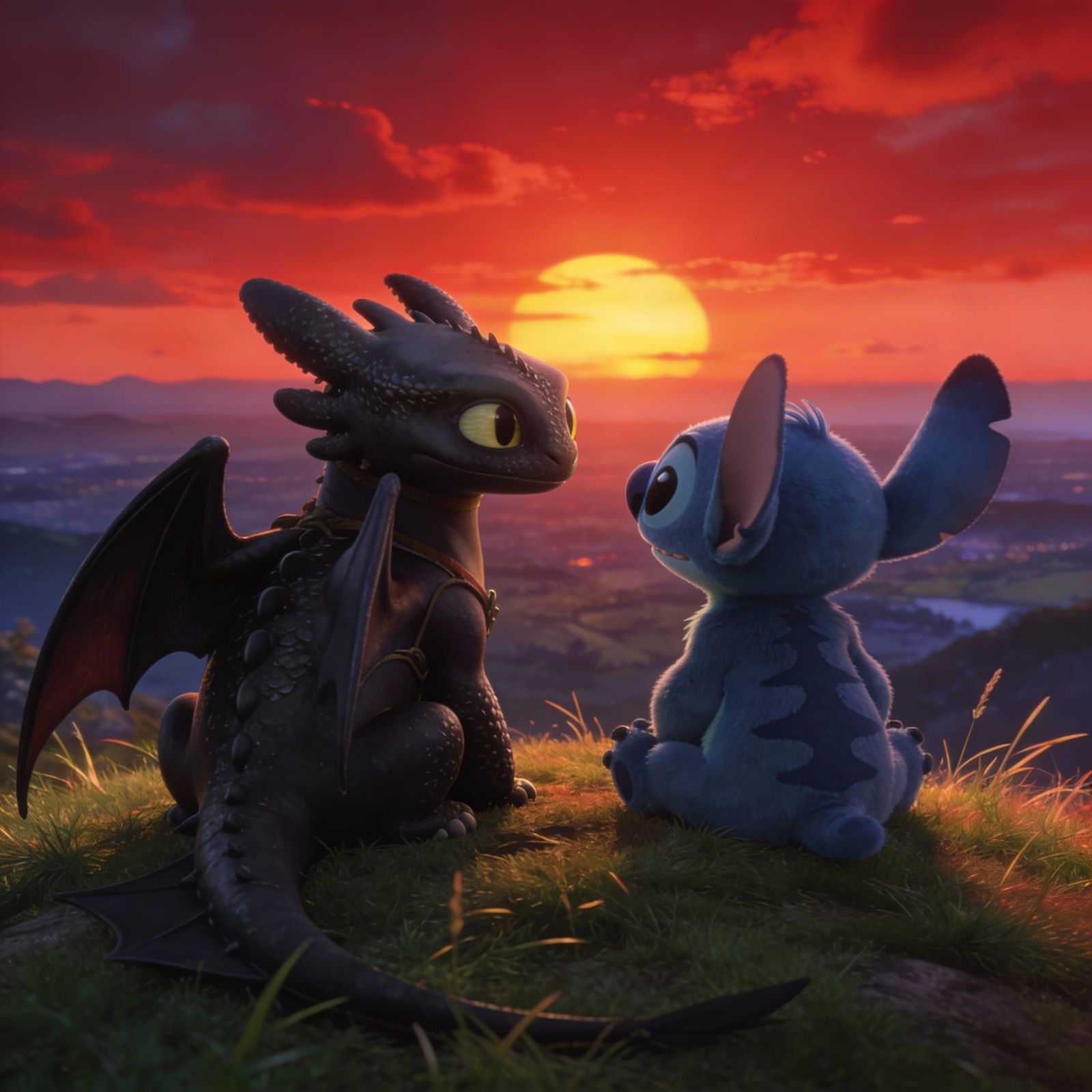 Toothless and Stitch in Pixar Style Sunset Scene