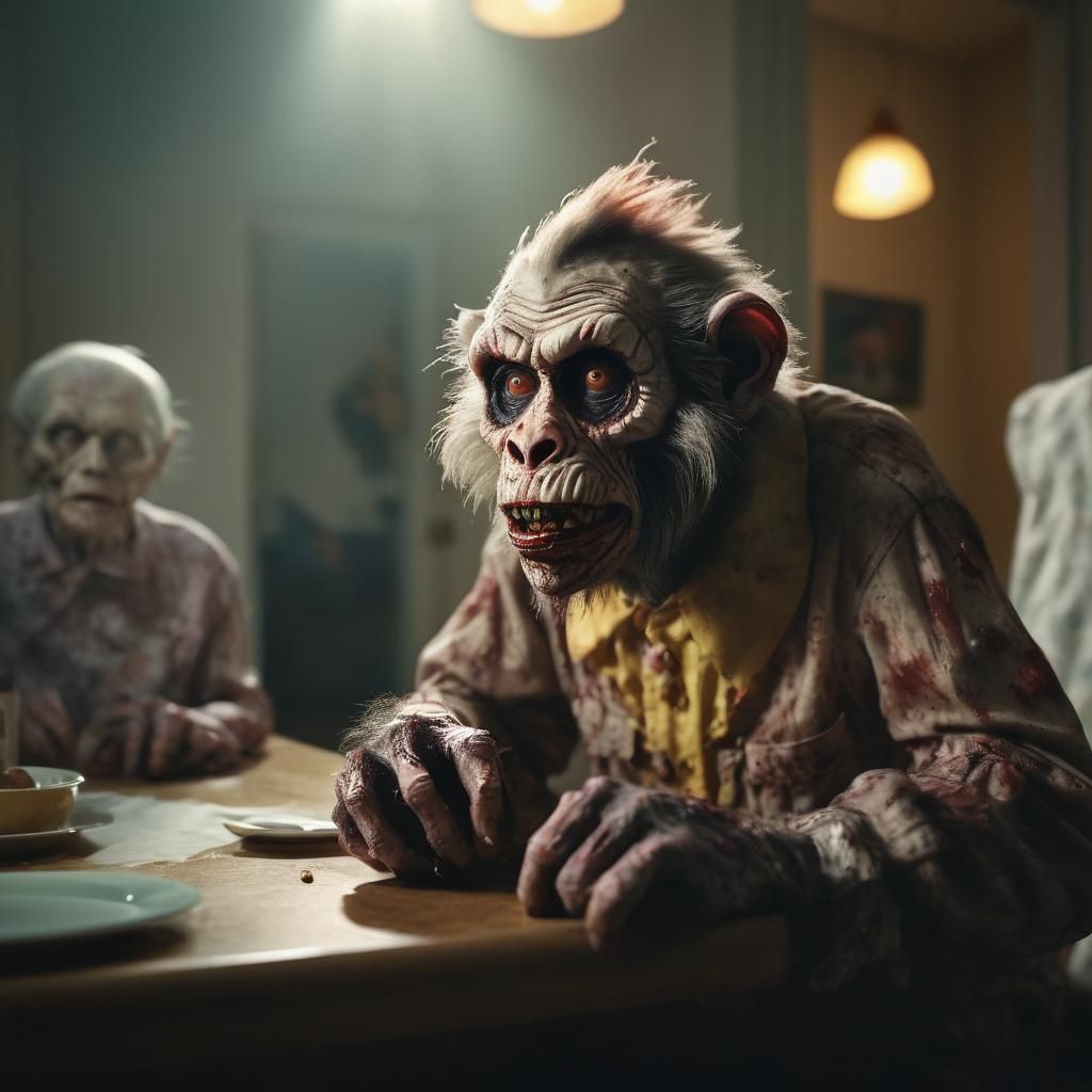 Elderly Zombie Monkey Clown in Hyper-Realism