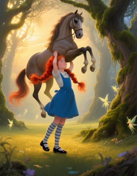 Pippi Longstockings Lifts Horse in Enchanted Meadow