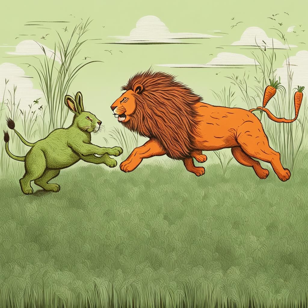 Grass Lion Chasing Carrot Rabbit: A Fictional Image