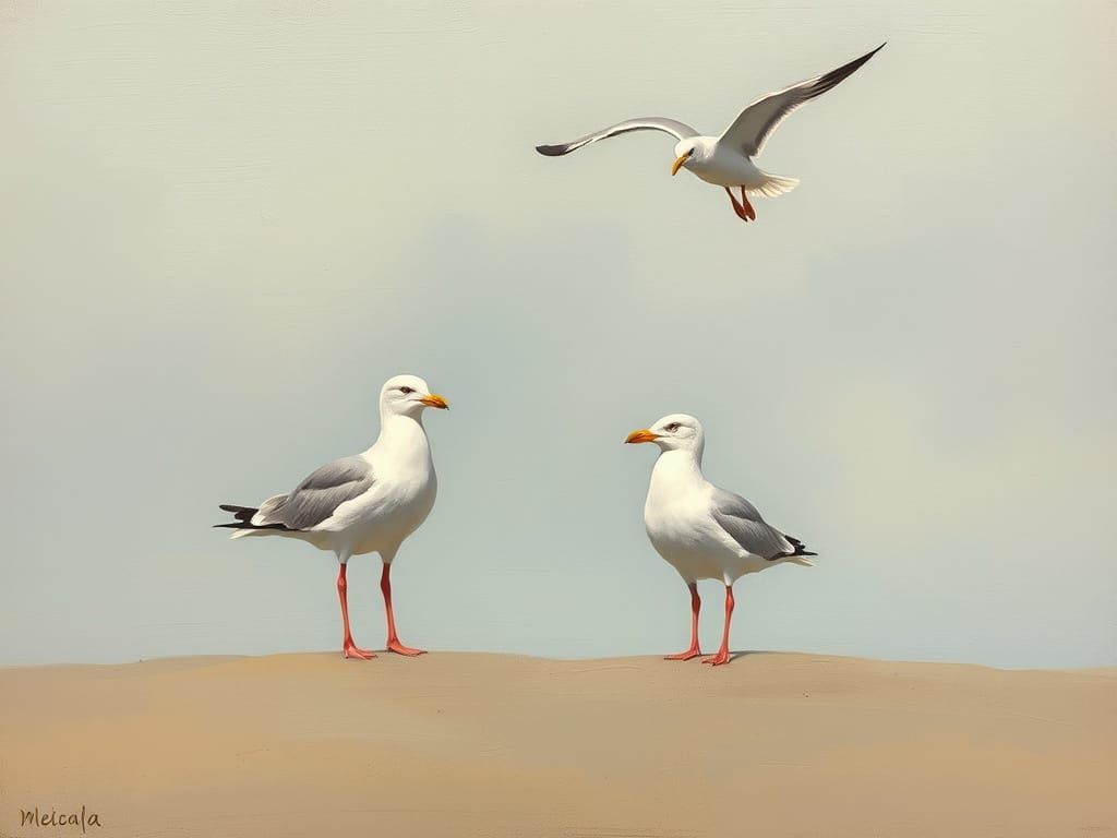 Seagulls on a Beach in Oil Painting Style