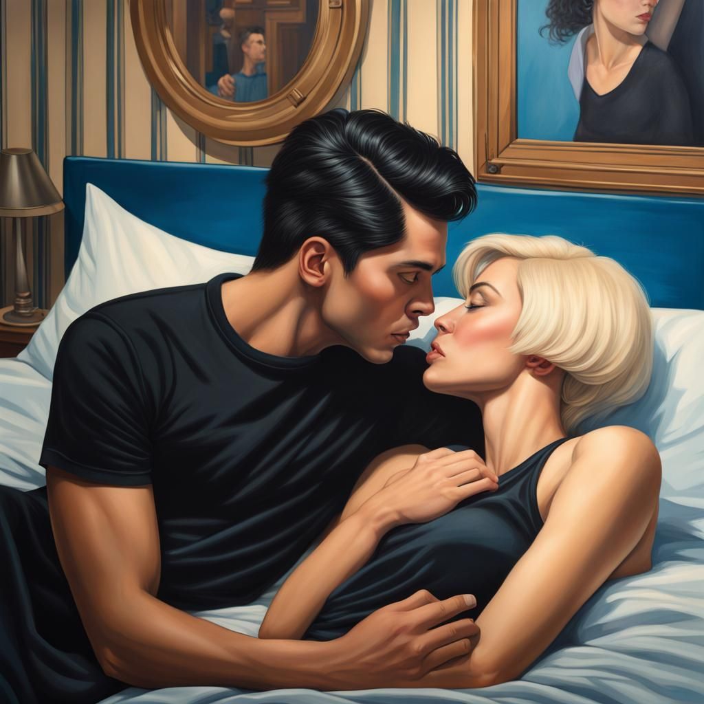 Hyperrealistic Portrait of Kissing Couple in Art Deco Room
