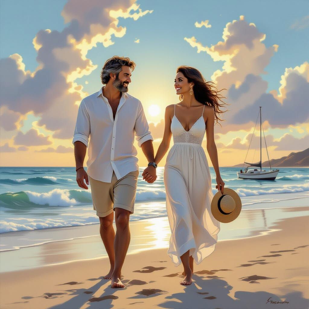 Romantic Beach Walk at Sunset in Realistic Style