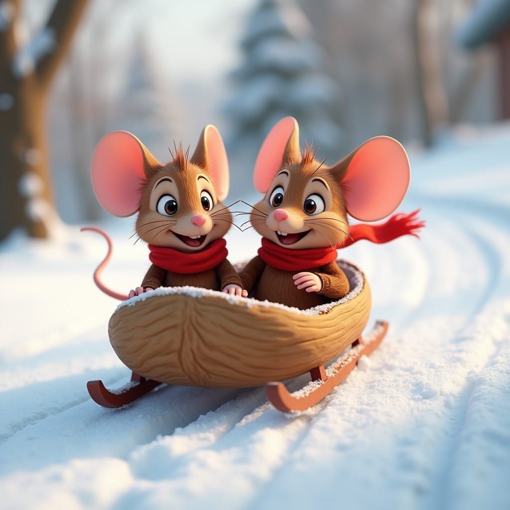 Mice Zoom Down Hill in Walnut Sleds in Vibrant 3D Style
