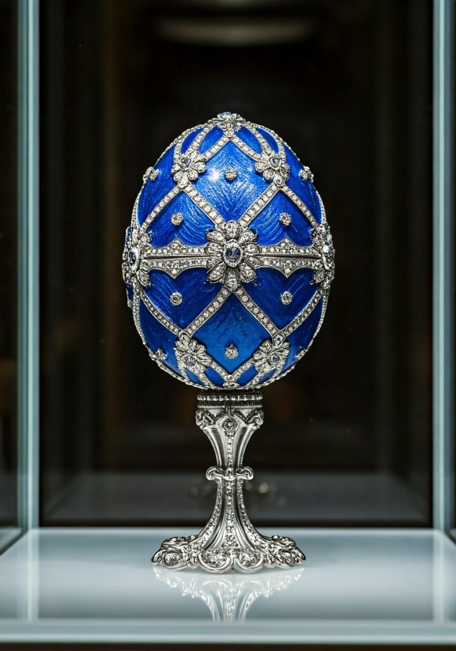 Majestic Royal Blue Fabergé Egg in Sterling Silver and Diamo...