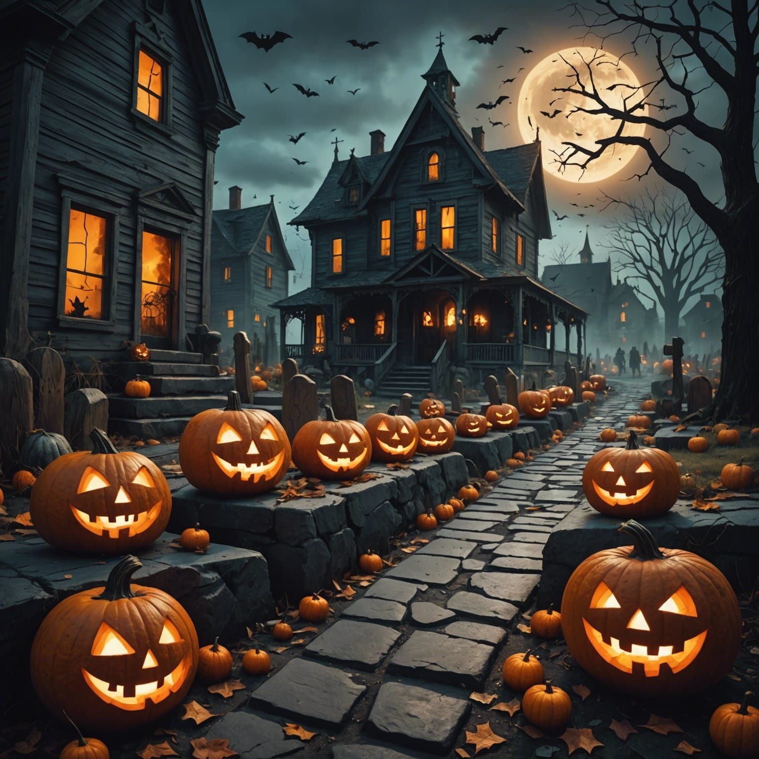 Spooky Halloween Scene with Ghosts and Jack-o-Lanterns