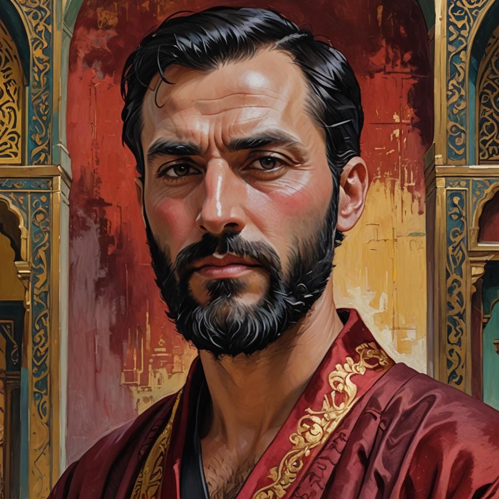 Bearded Man in Mosque, Neo-Impressionist Oil Painting