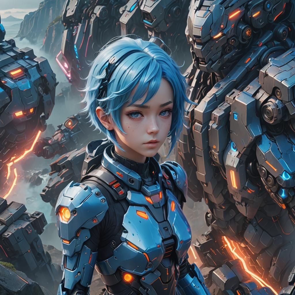 Anime Girl in Mecha Armor with Luminescent Circuits