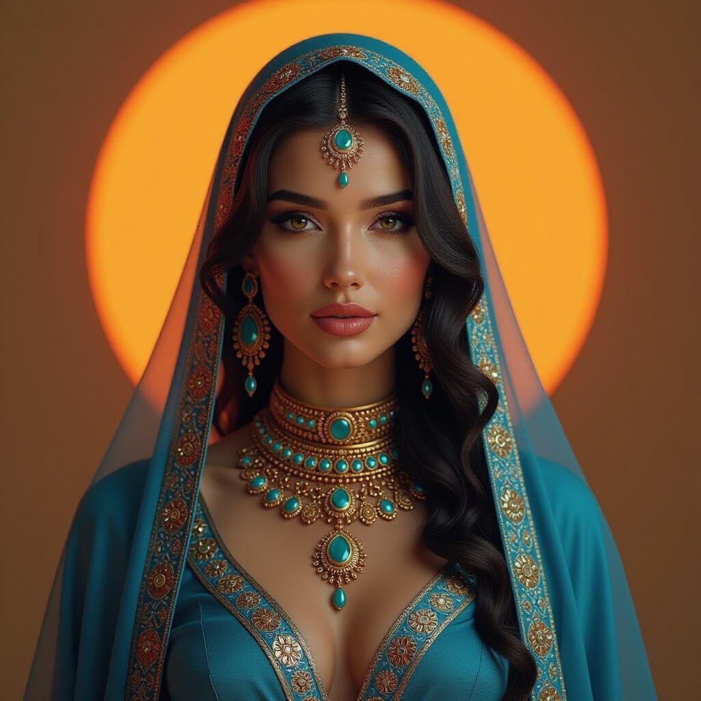 Woman in Blue Attire with Futuristic Jewelry