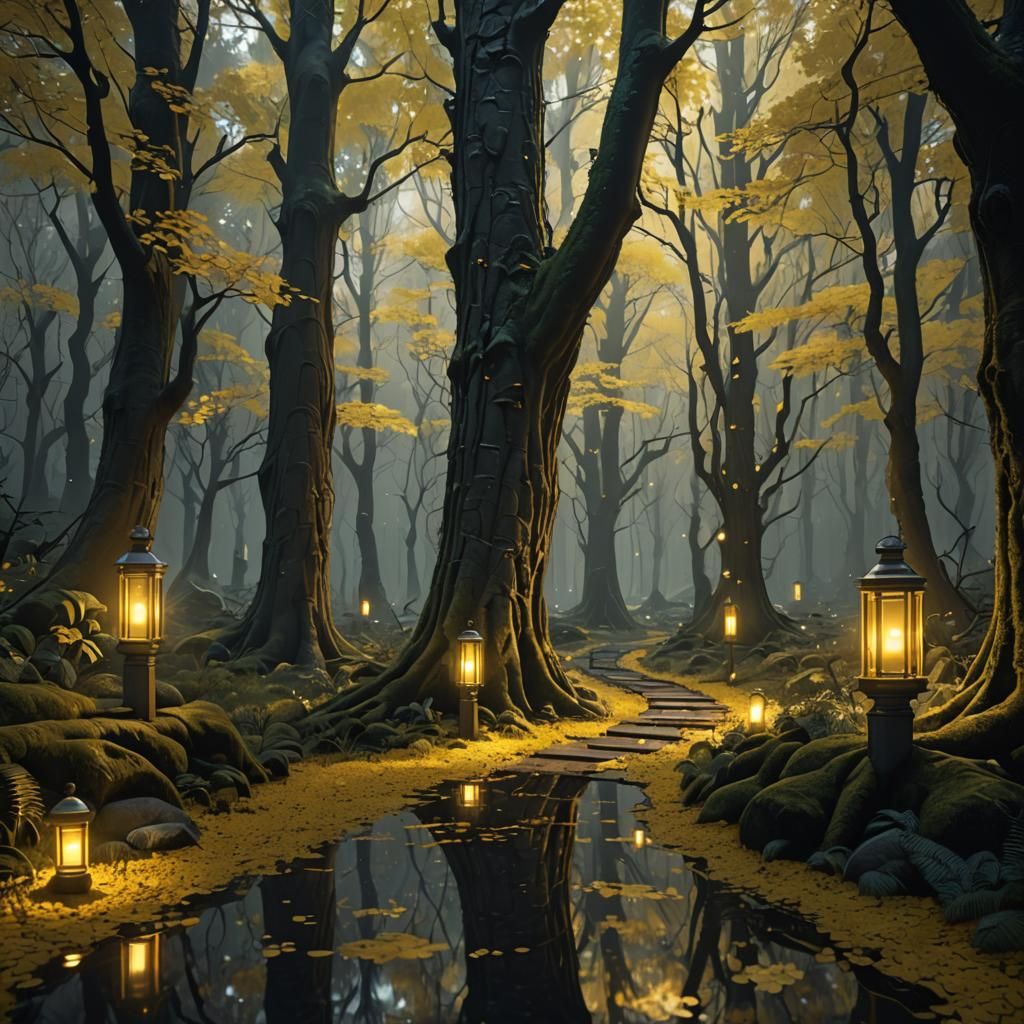 Superliminal, glowing laterns light a path through a mysterious forest to a portal in space and time, A dream you’ve nev...