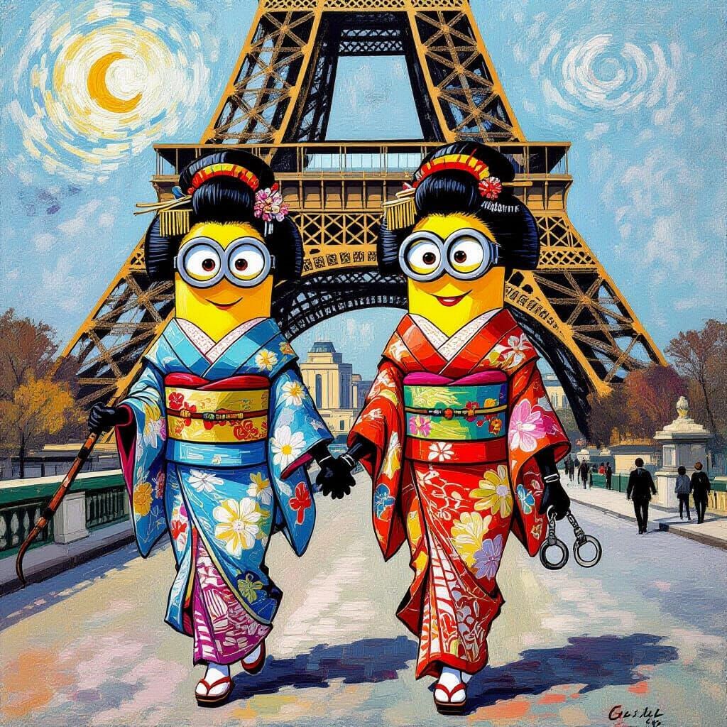 Minion Geisha at Eiffel Tower, Van Gogh Style