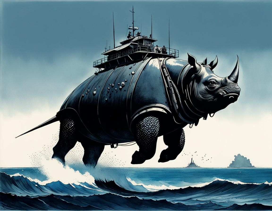 Rhino Over Ocean in Pen and Ink Style